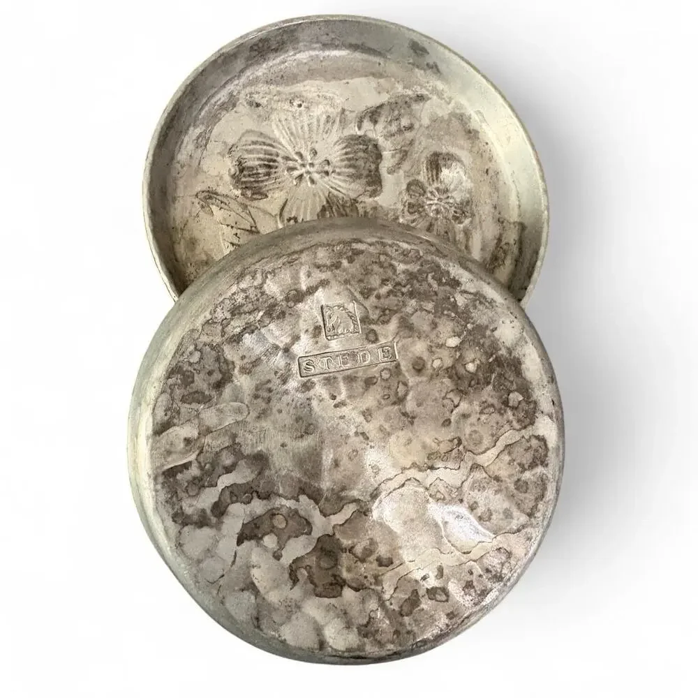 Vintage Stede Pewter Floral Coasters Set of 2 Embossed Flowers Patina